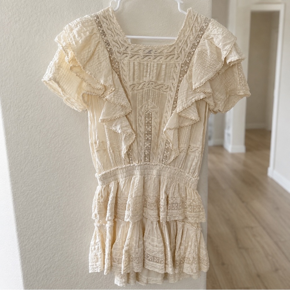 LoveShackFancy Stella Heritage Lace Ruffle Mini Dress Antique White S - Picture 2 of 4